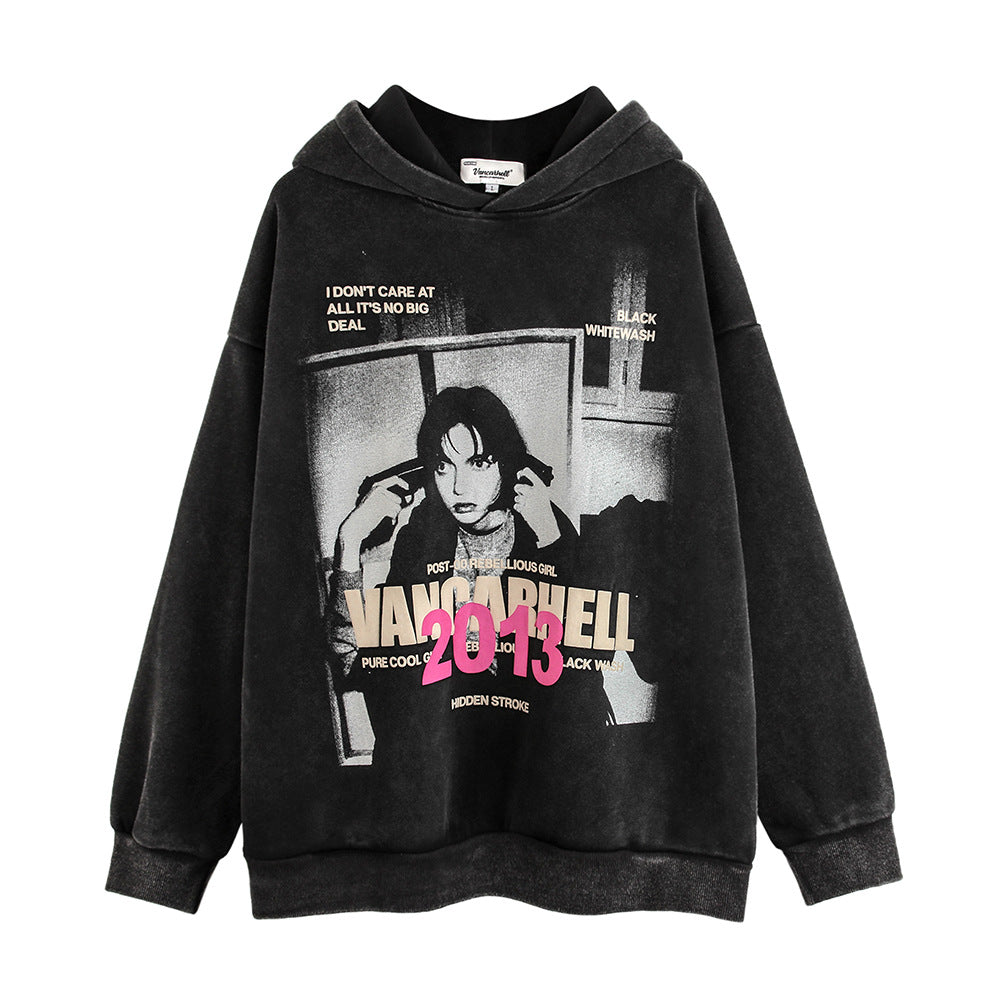 Dark High Street Character Printing Velvet Padded Hooded Sweatshirt