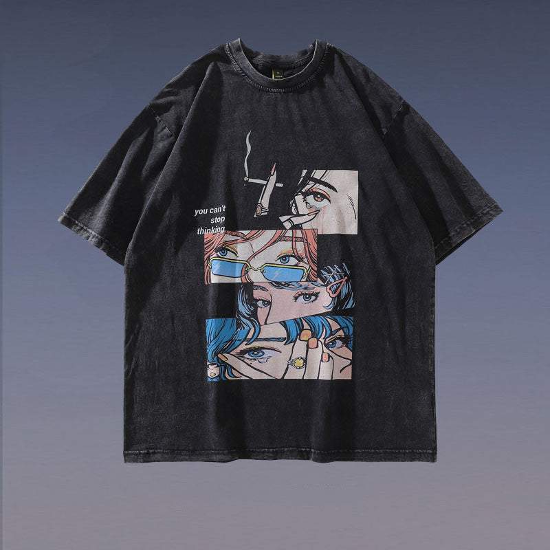 High Street Distressed Washed Cartoon Print Short Sleeve T-Shirt