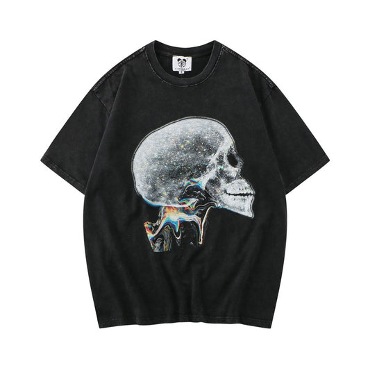 Washed Old European And American Skeleton Print T-shirt