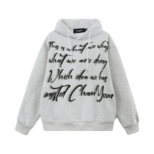 Men's Winter Dark High Street Design Art Letter Print Loose Hooded Pullover