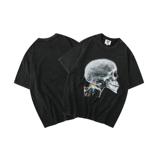 Washed Old European And American Skeleton Print T-shirt